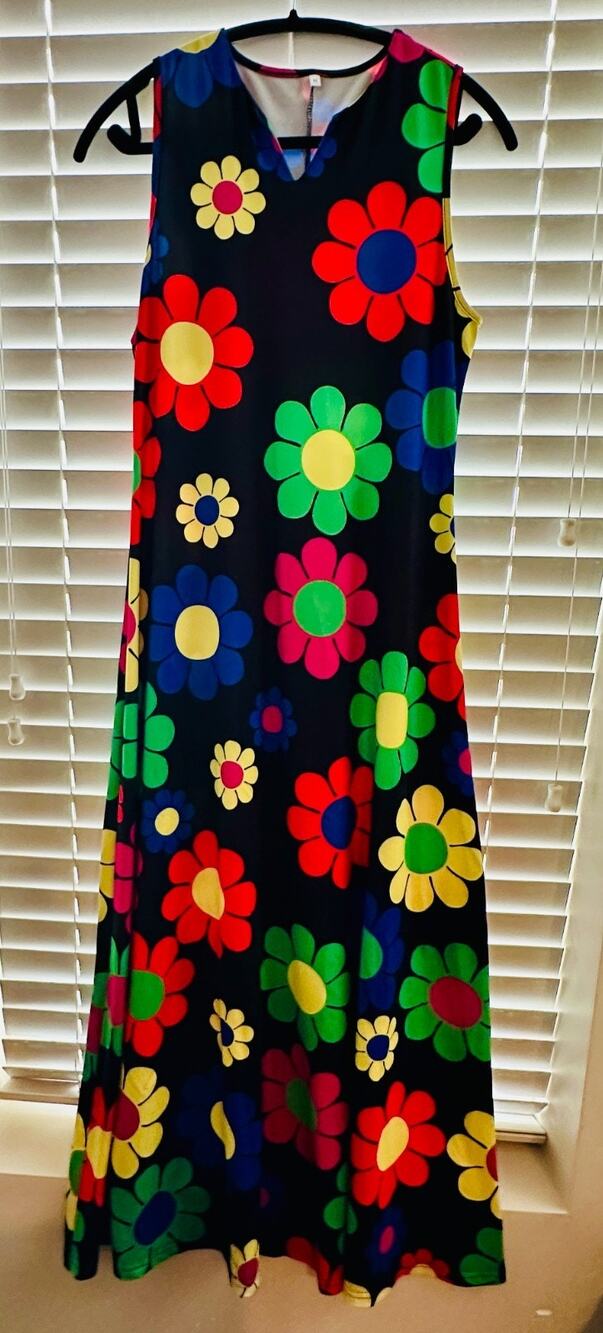 Women’s M Retro 60s 70s Floral Maxi Dress Colorful Daisy Sleeveless Stretch
